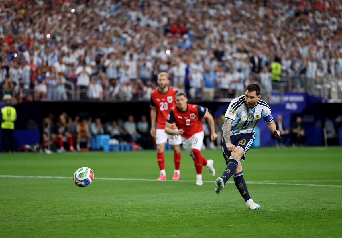 Argentina forward Lionel Messi takes a penalty kick during the FIFA World Cup 2026 matchup against Austria on Monday, June 22, 2026, at Dallas Stadium in Arlington.