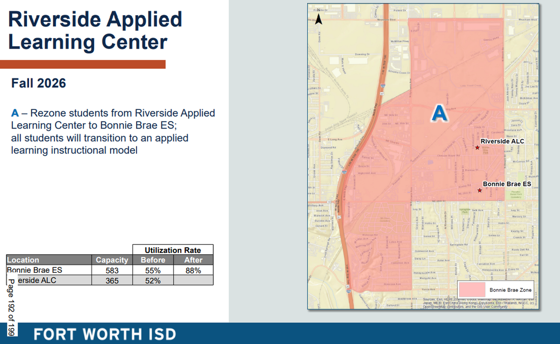 A map shows the attendance boundaries of Riverside Applied Learning Center students who will be transferred to Bonnie Brae Elementary in the 2026-27 school year after the applied learning center’s closure.