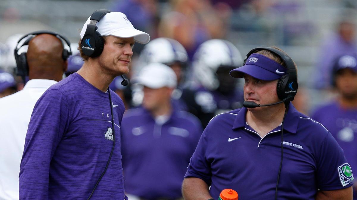 Sonny Cumbie, left, spent seven seasons working as TCU’s offensive coordinator under coach Gary Patterson.