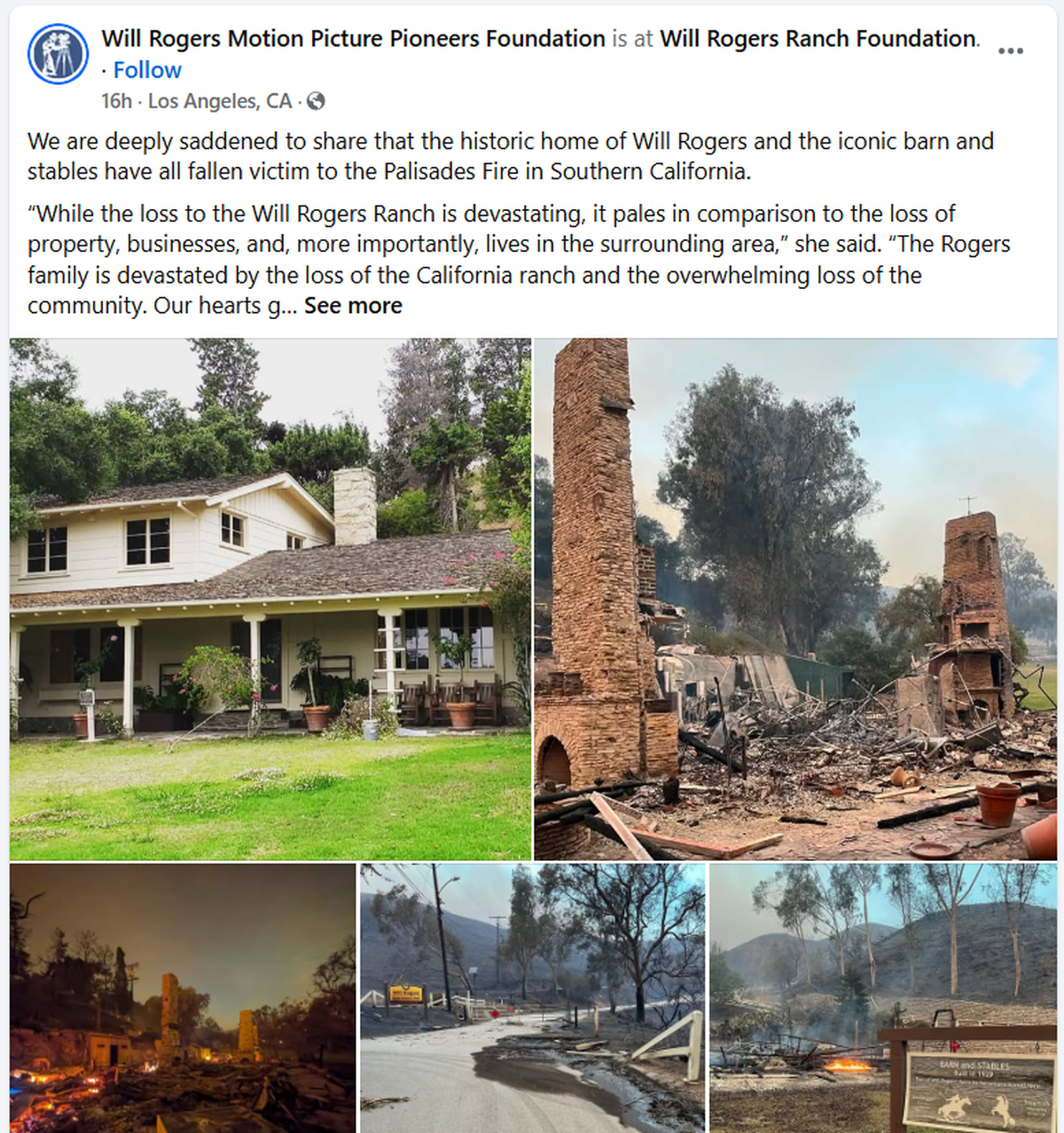 A Facebook post by the Will Rogers Ranch Foundation on the loss of the property to California wildfires.