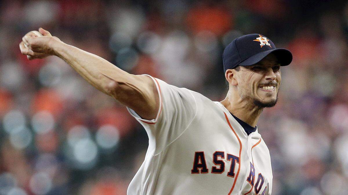 Houston Astros starting pitcher Charlie Morton throws against the Texas Rangers during the first inning of a baseball game Saturday, May 12, 2018, in Houston. (AP Photo/Michael Wyke)