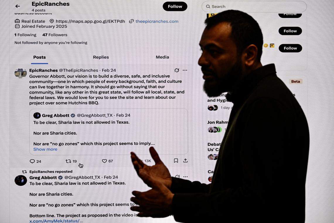 Imran Chaudhary, President of Community Capital Partners, a company leading the real estate project of East Plano Islamic Center, speaks as he shows a post in X.com by Gov.Greg Abbott in Plano, Texas, on April 11, 2025 over plans to build 1,000 new homes, a community center, school, hospital, mosque and Islamic private school to serve the growing Muslim community near East Plano.