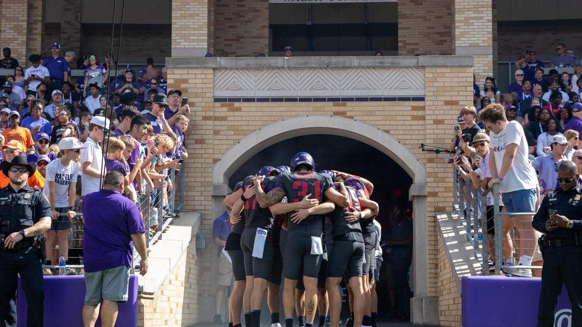 The TCU Horned Frogs football team huddles before the beginning of their game against Oklahoma at the Amon G. Carter Stadium in Fort Worth, on Saturday, Oct. 16, 2022.