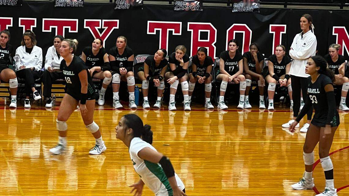 Southlake Carroll volleyball head coach Leslie Jackson looks on as her team takes a commanding lead over Euless Trinity at Trinity High School in Euless, Texas on Sept. 3, 2024.