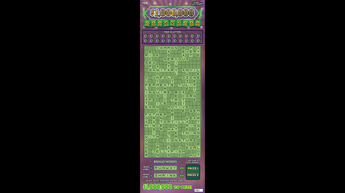 A photo of the front of the $1,000,000 Crossword scratch-off ticket.