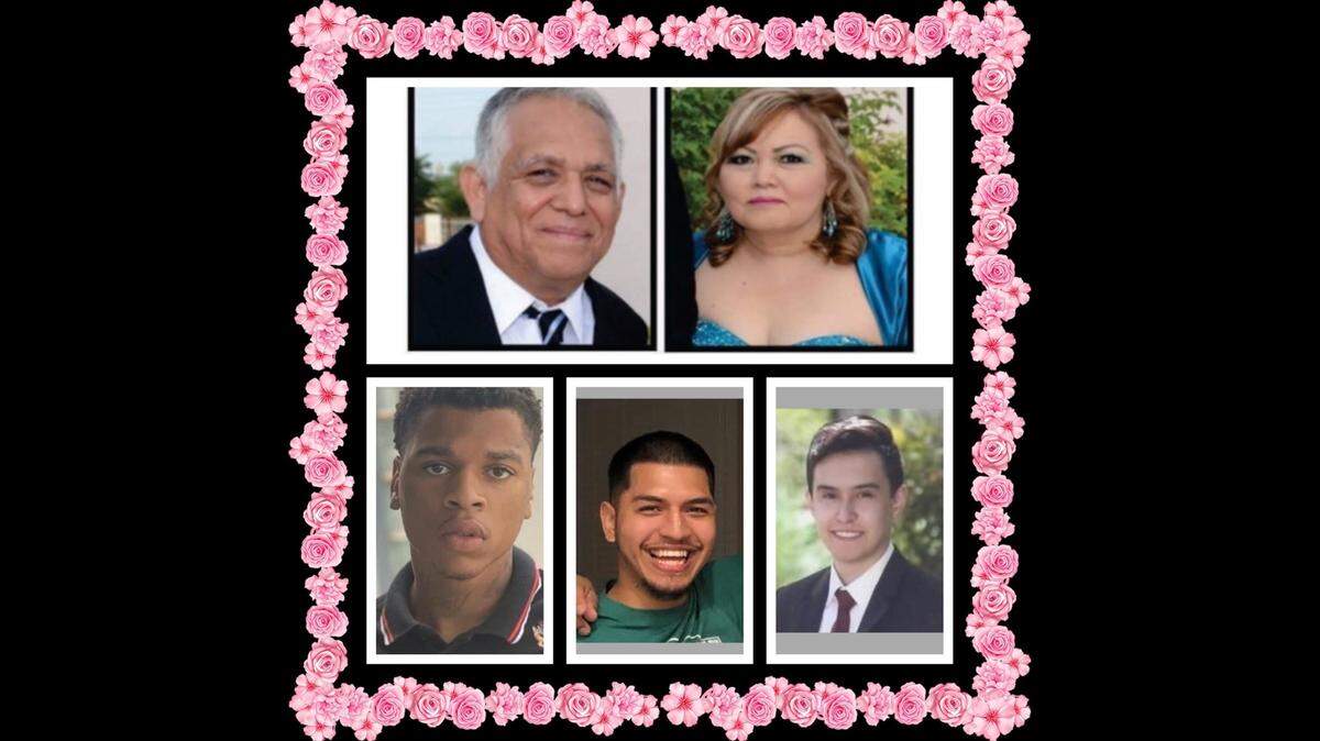 Clockwise from top left are Ramiro Reyes, 65; Rosalva Reyes, 63; Gonzalo Andrew Gonzalez, 22; Jonathan Jimenez, 20; and 19-year-old Ryan McGowan