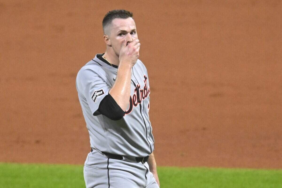 Sep 23, 2025; Cleveland, Ohio, USA; Detroit Tigers starting pitcher Tarik Skubal (29) reacts after Cleveland Guardians designated hitter David Fry (6) was hit in the face by a foul ball in the sixth inning at Progressive Field. Mandatory Credit: David Richard-Imagn Images