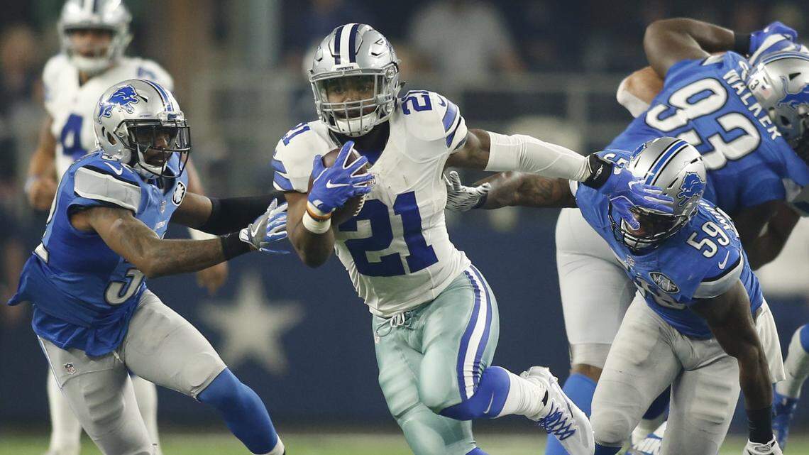 Dallas Cowboys running back Ezekiel Elliott breaks free against the Detroit Lions during a game on Dec. 26, 2016, in his rookie season. Elliott had 80 yards and two touchdowns on 12 carries in the Cowboys’ 42-21 win that day.
