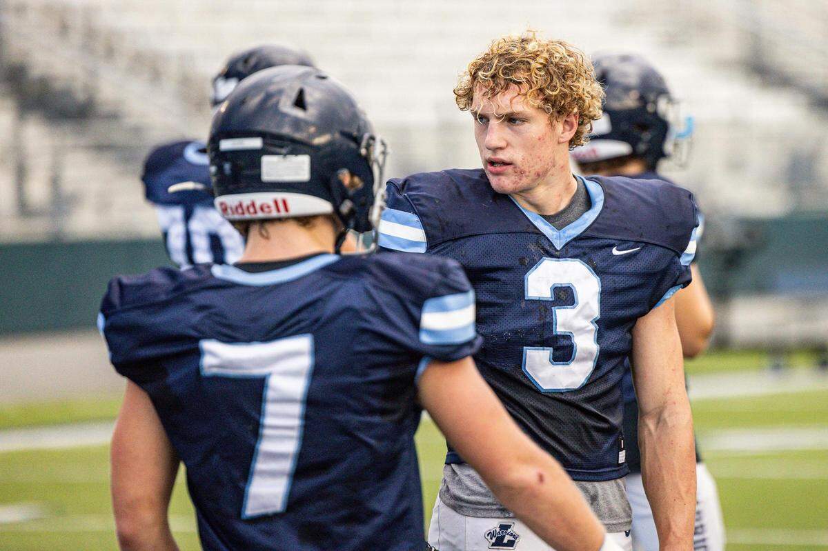 Liberty Christian linebacker CJ Witten (3) talks to his teammates during football practice at Warrior Stadium at Liberty Christian School in Argyle, Texas on Tuesday, Aug. 15, 2023.