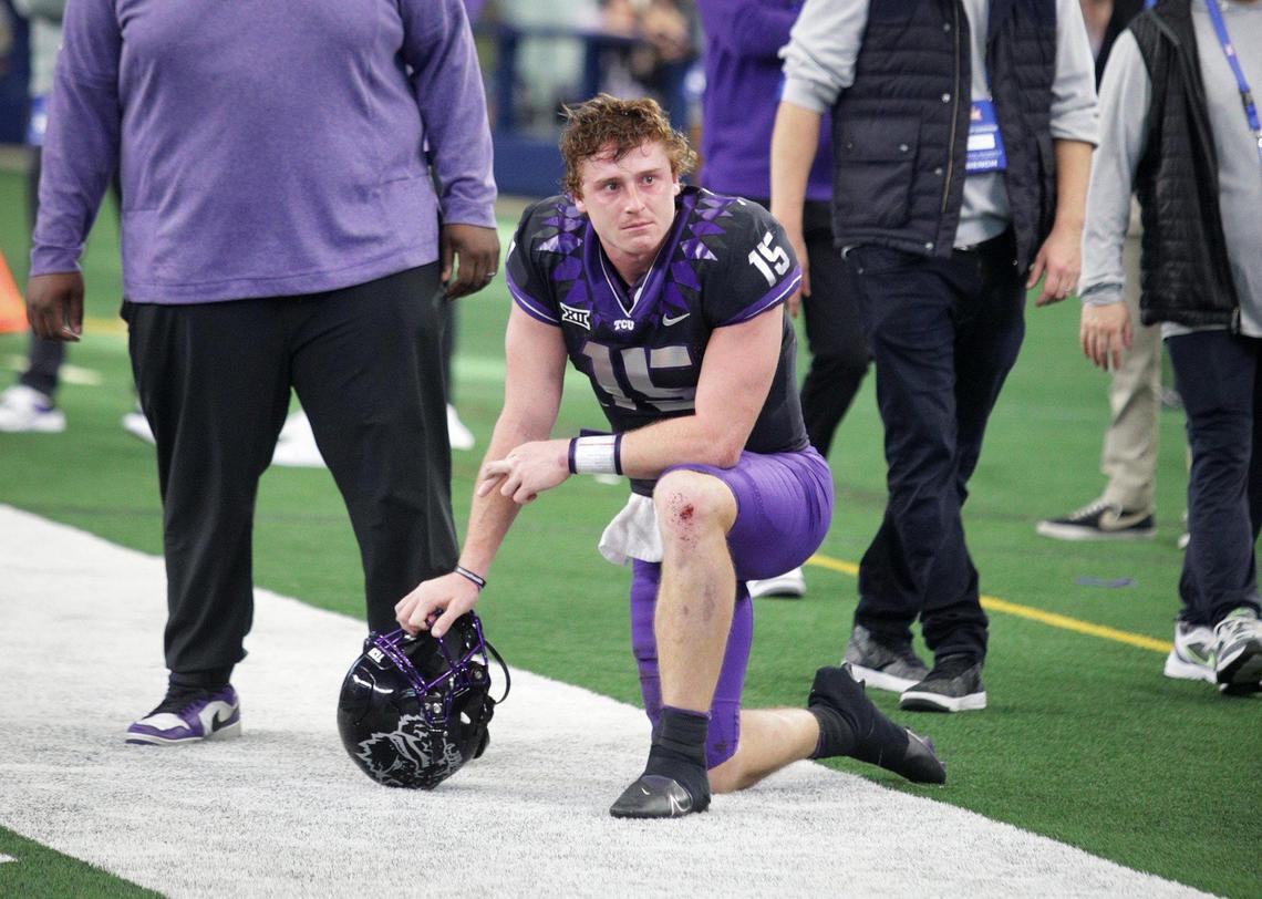 TCU quarterback Max Duggan fought back tears talking about his team’s 31-28 loss in overtime against No. 10 Kansas State in the Big 12 title game.