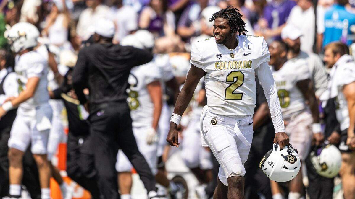 Colorado quarterback Shedeur Sanders (2) celebrates after winning their season opener 45-42 against the TCU Horned Frogs at Amon G. Carter Stadium in Fort Worth on Saturday, Sept. 2, 2023.