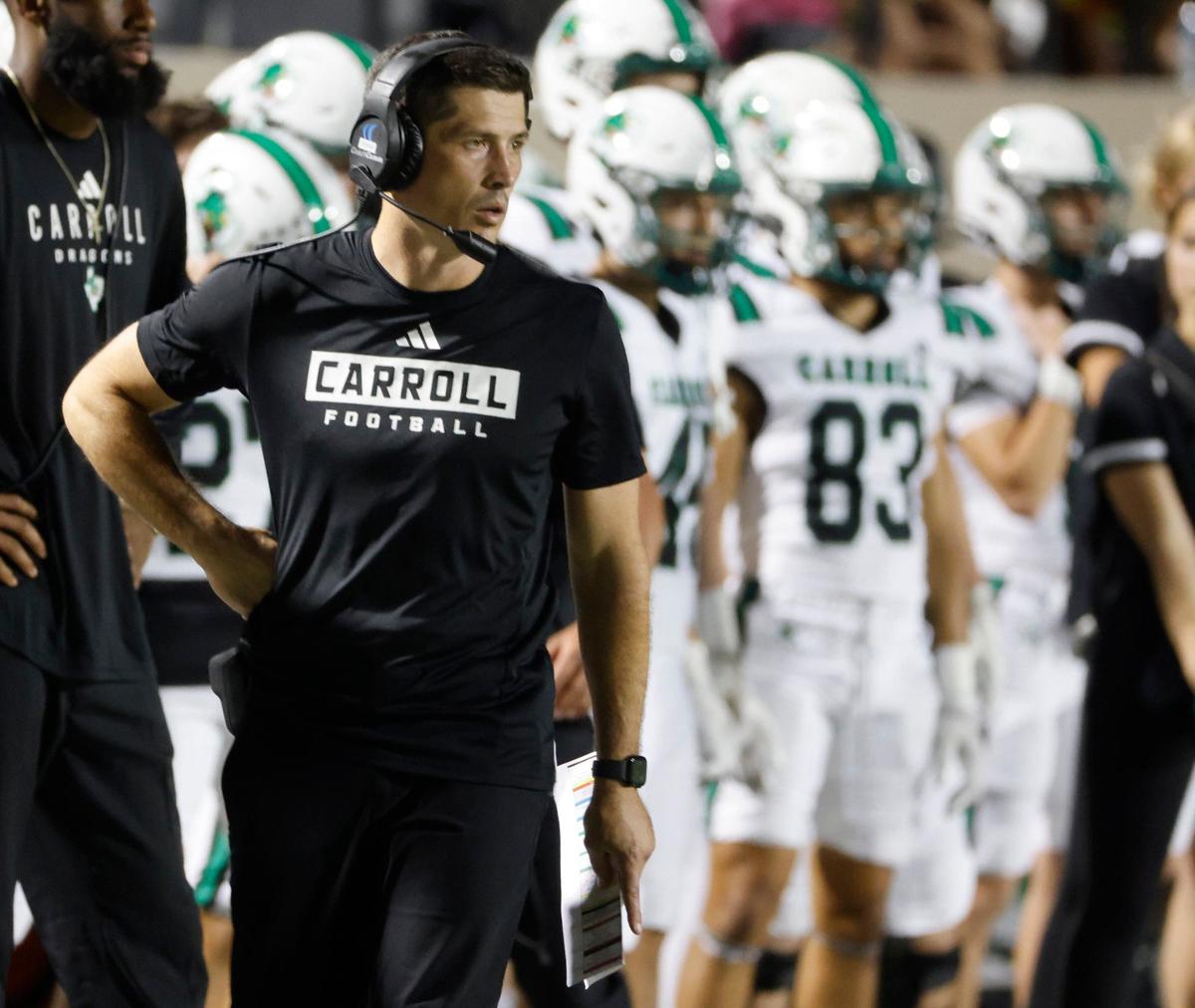 Southlake head coach Riley Dodge watches the final few minutes during a UIL 6A Conference football game at Pennington Field in Bedford Texas, Friday, Sept. 20, 2024.