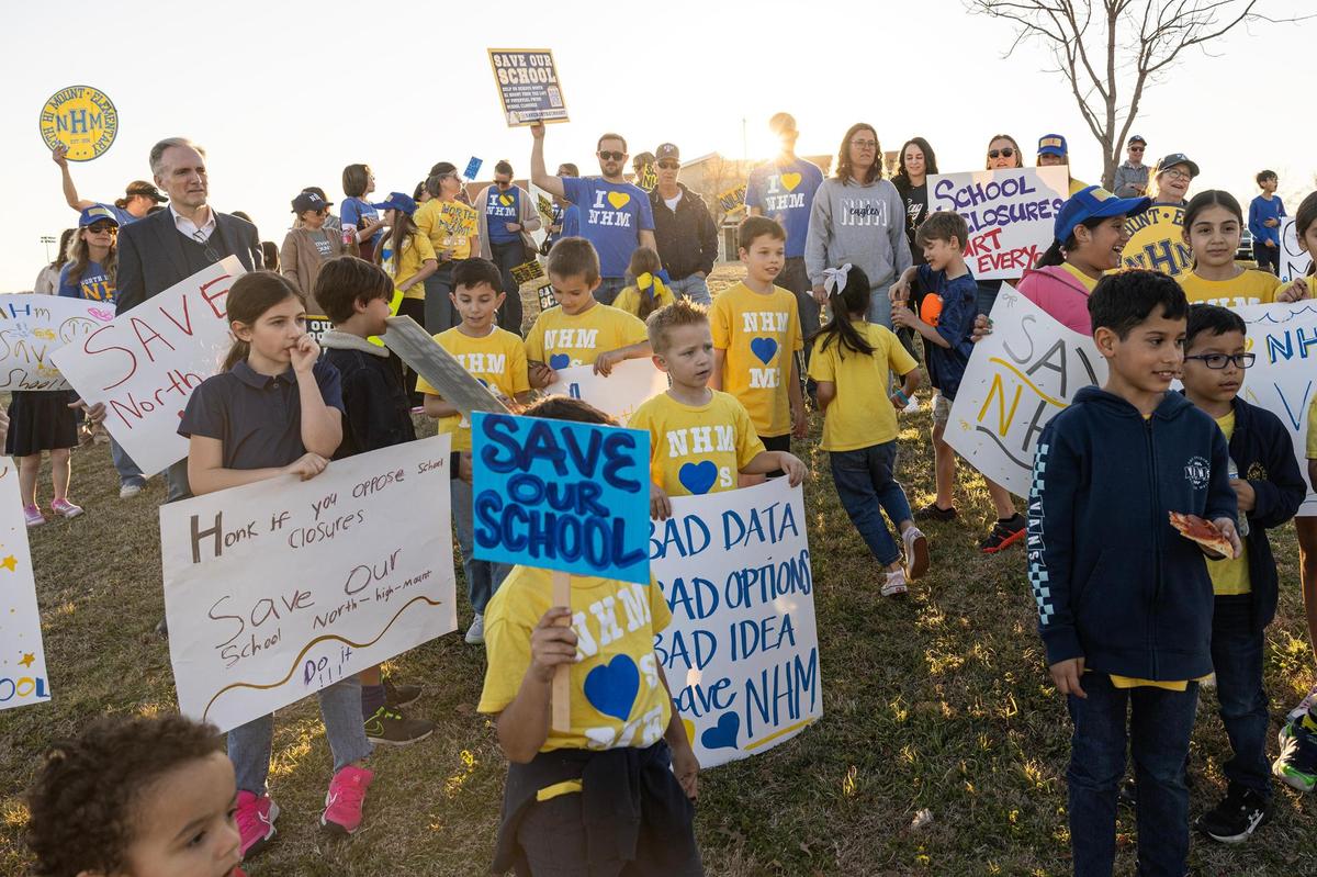 Parents and students of North Hi Mount Elementary School join together for a rally prior to the third Fort Worth Independent School District community meeting to discuss potential school closures at Benbrook Middle-High School in Fort Worth on Thursday, Feb. 27.
