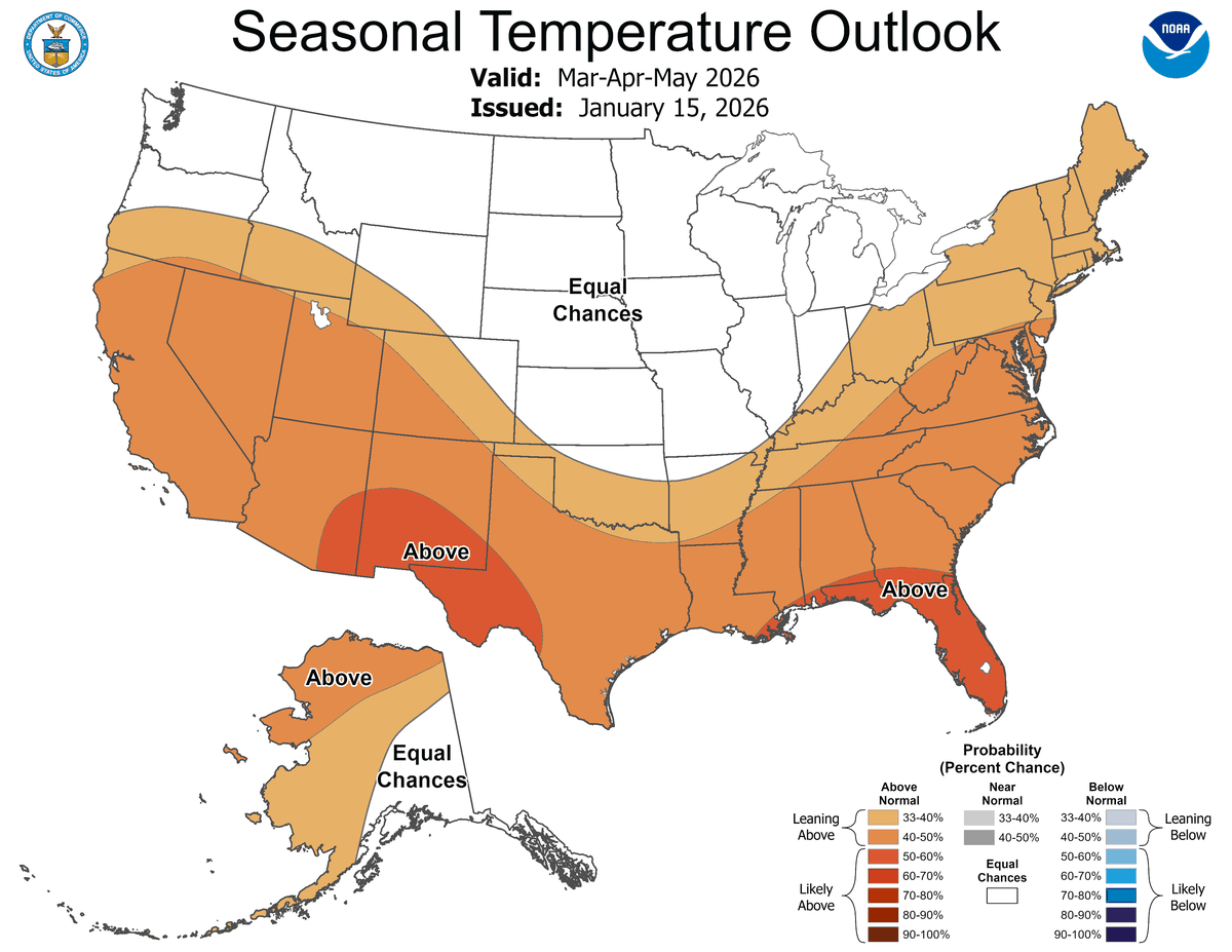 The seasonal temperature outlook for the U.S. for March to May 2026.