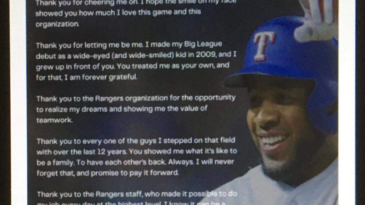 Elvis Andrus purchased an ad in the Feb. 14 editions of the Star-Telegram to say thank you to fans and the Rangers for his time with the organization.