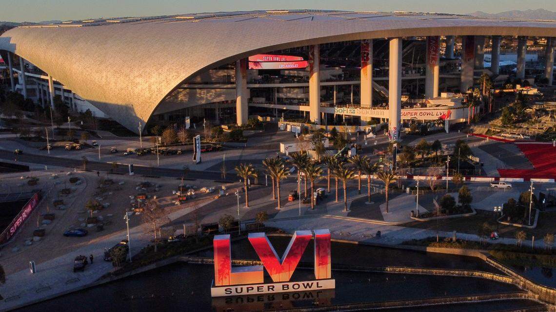 SoFi Stadium is seen Friday, Feb. 4, 2022, in Inglewood, California. SoFi Stadium is the site of Super Bowl LVI scheduled to be played on Sunday, Feb. 13, 2022.