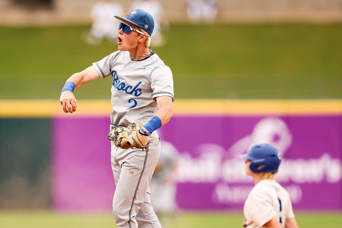 Brock second baseman Hunter Martin (2) pumps his fist in celebration after making an out at second against Robinson in the UIL Class 4A Division II baseball state championship game on Friday, June 5, 2026, at Dell Diamond in Round Rock, Texas.