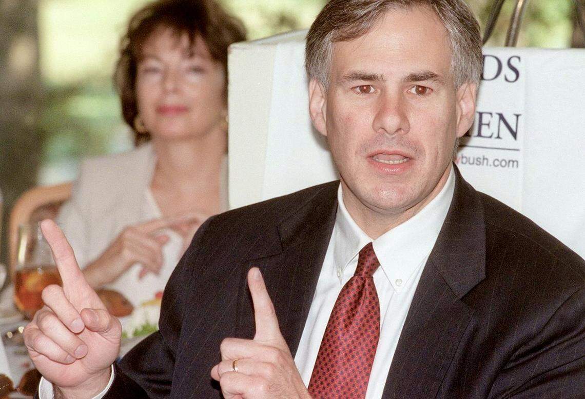 Texas Supreme Court Justice Greg Abbott spoke to a Republican women’s club Nov. 3, 2000, at Shady Valley Country Club in Arlington, Texas. Delores Pell is in the background.