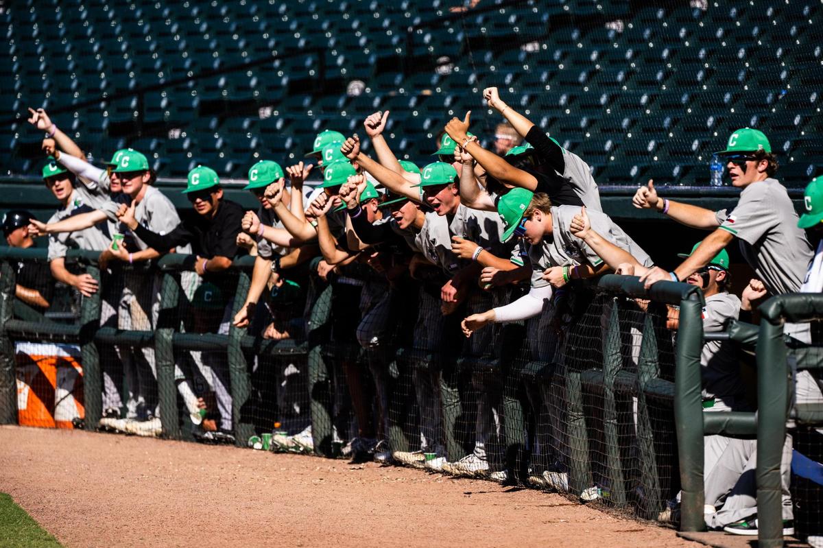 The Dragons cheer for two outs during the UIL 6A baseball state semifinal between Southlake Carroll and Fort Bend Ridge Point at Dell Diamond in Round Rock on June 10, 2022.