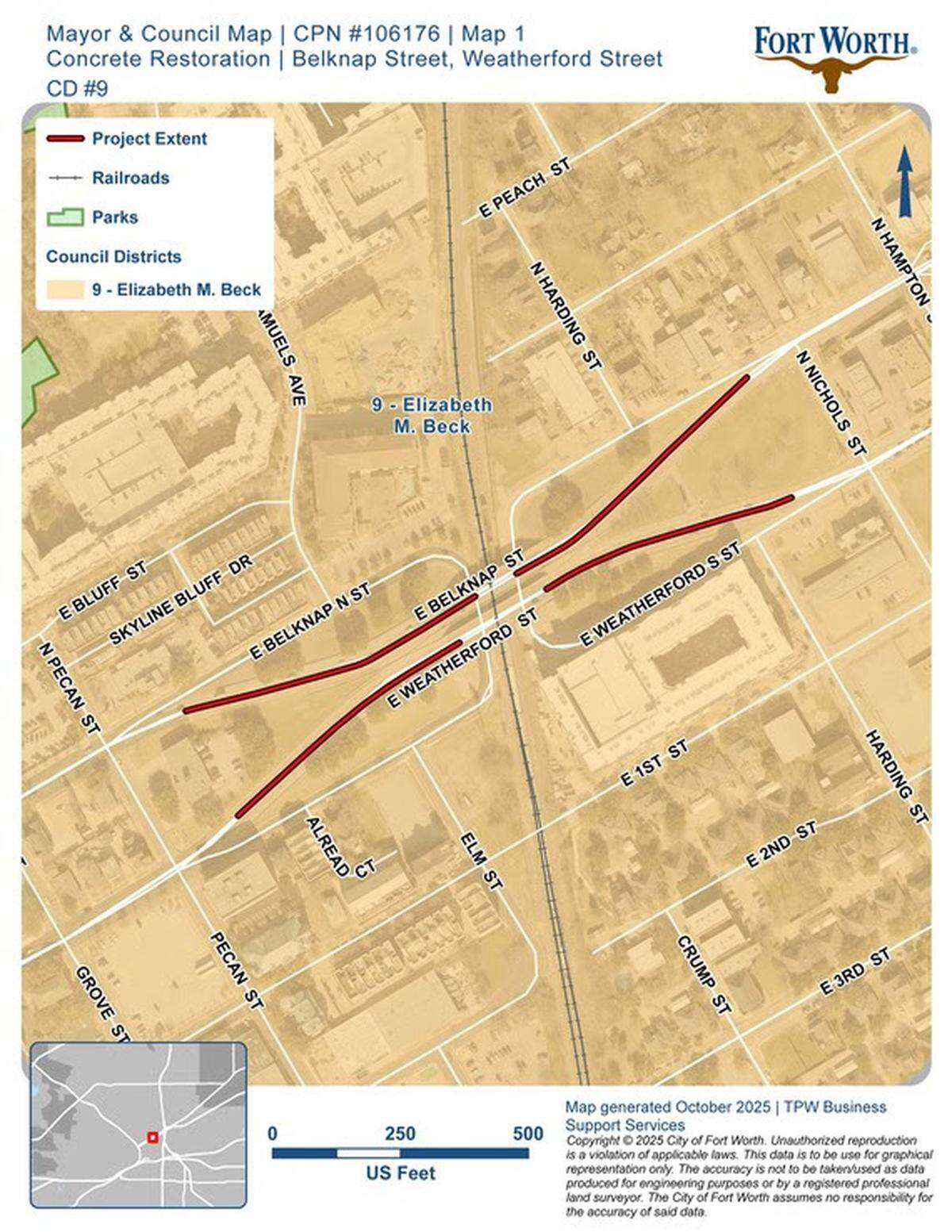 Lane closures and traffic delays are expected along East Weatherford Street and East Belknap Street between Pecan Street and Nichols Street as construction runs from March 30 through July 31, 2026, with a pause during the FIFA World Cup.