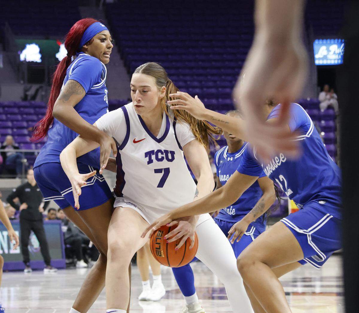 TCU forward Marta Suarez (7) runs into traffic during the second quarter of a NCAA women's basketball game between Tennessee State and TCU at Schollmaier Arena in Fort Worth, Texas, Wednesday Nov. 12, 2025.