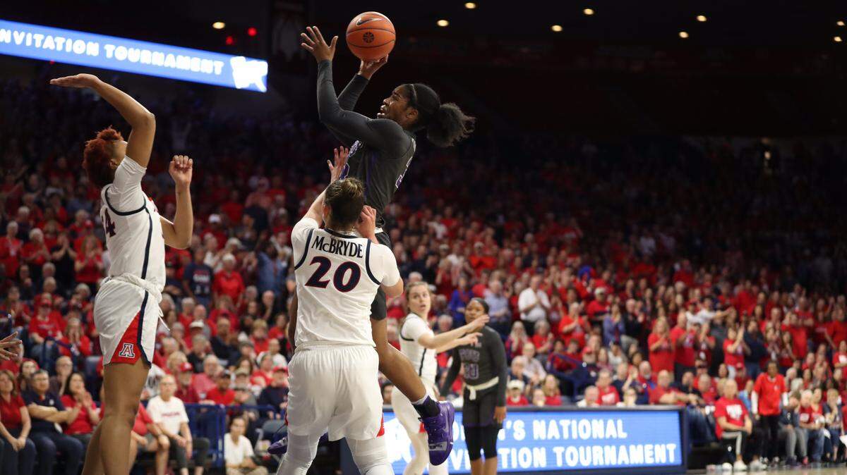 TCU forward Adeola Akomolafe goes up for a shot against Arizona in a WNIT semifinal in Tucson, AZ on April 3, 2019.
