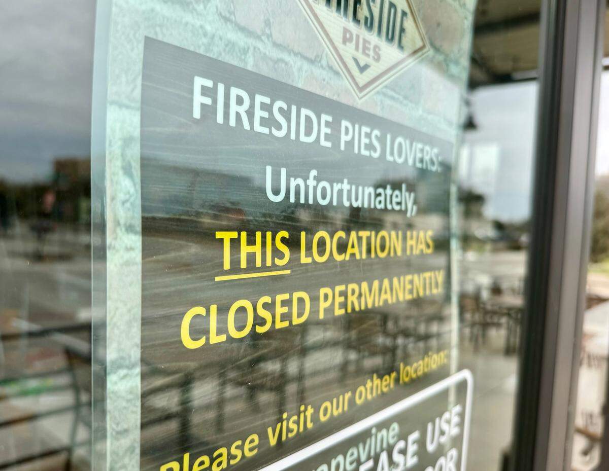 A sign at Fireside Pies in the Left Bank shopping center.