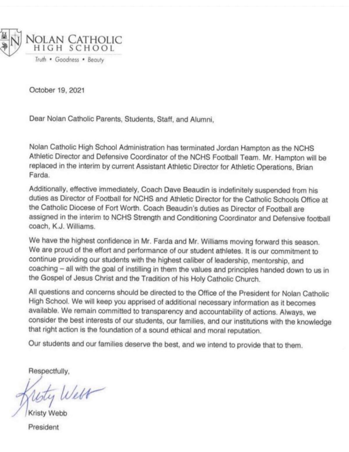 An email was sent on Tuesday Oct. 19, 2021 from Nolan Catholic president Kristy Webb stating that the school terminated athletic director Jordan Hampton and placed head football coach David Beaudin on suspension.