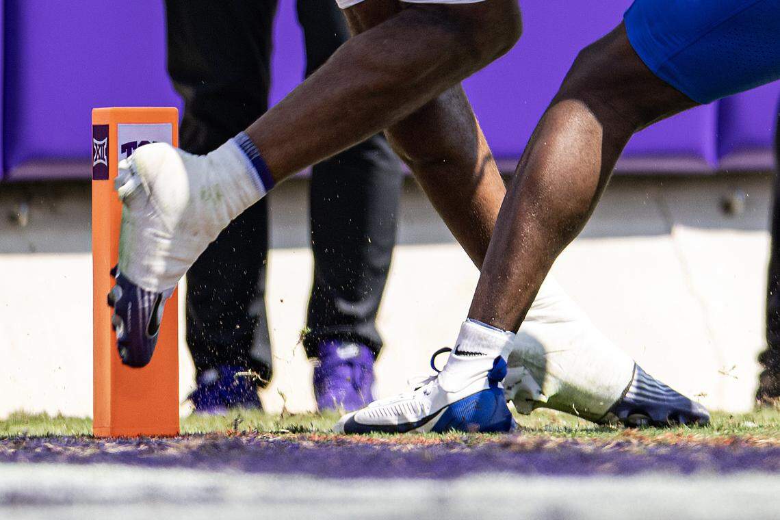 TCU wide receiver Eric McAlister (1) goes up to catch a pass over SMU cornerback William Nettles (0) in the end zone in the second half of an NCAA football game between TCU and SMU at Amon G. Carter Stadium in Fort Worth on Saturday, Sept. 20, 2025. The pass was later deemed incomplete, but TCU won 35-24 in the final Iron Skillet Rivalry game.