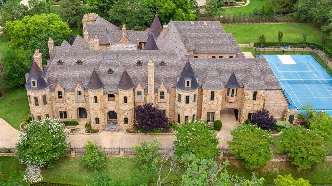 A $5 million, 13,917-square-foot Southlake home includes 23 rooms, multiple staircases, an elevator, a tennis court, and separate guest house.