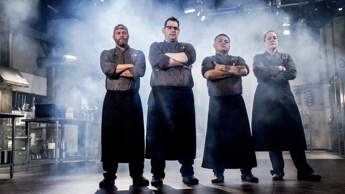 Chefs Lance McWhorter, Alex Garfinkel, Juan Rivera, Denise Shavandy, as seen on Chopped, Season 42.