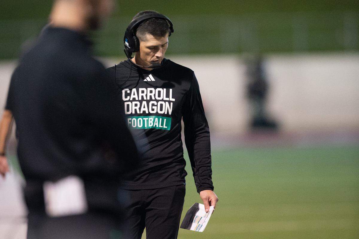 Southlake Carroll head coach Riley Dodge paces the sideline at Northwest ISD Stadium on Friday, Oct. 27, 2023.
