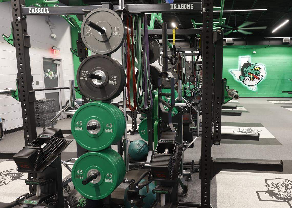 Weight racks in the renovated weight room at Southlake Carroll