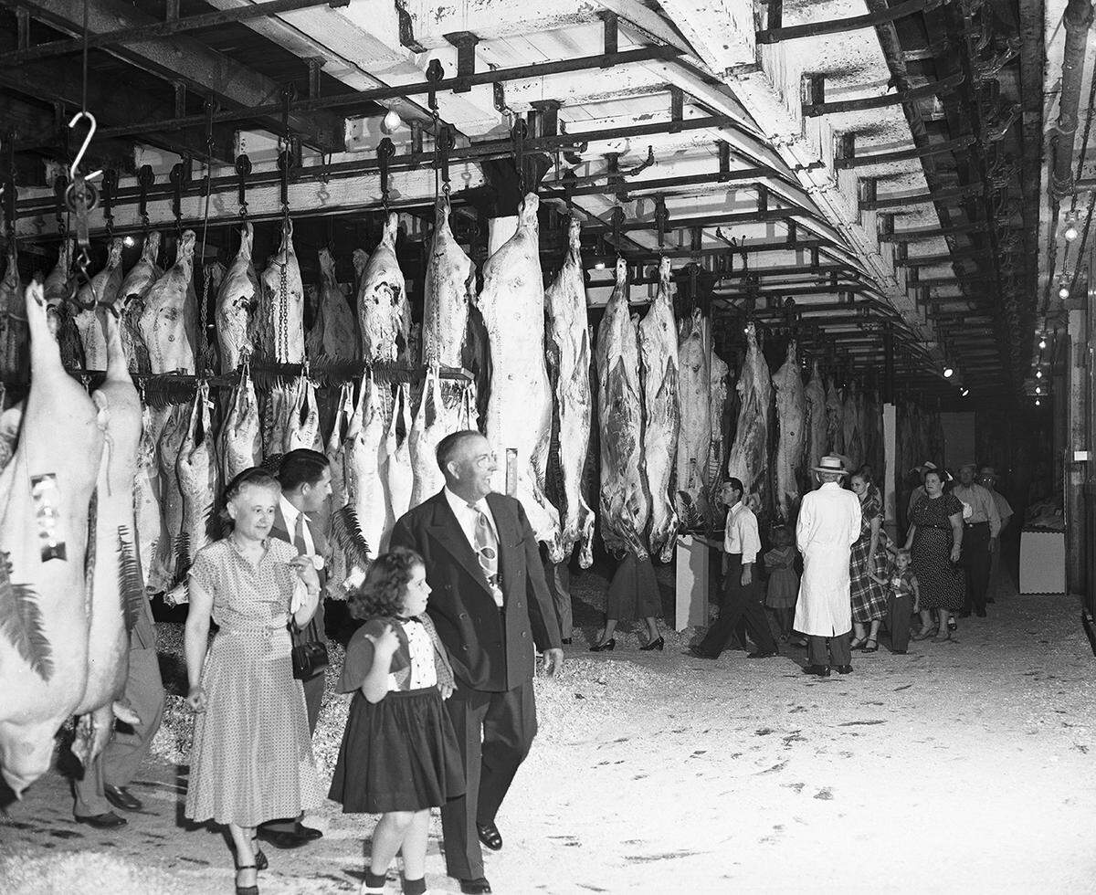 May 4, 1952: Armour & Co. open house, with visitors touring big beef coolers.