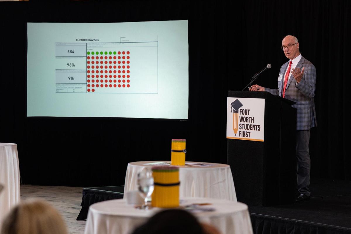 Robert Rogers, the chairman of Fort Worth Students First, speaks to the attendees gathered for the launch event of Fort Worth Students First at Ashton Depot in Fort Worth on Friday, April 4. Rogers also serves as president of the nonprofit Reading League of Texas.
