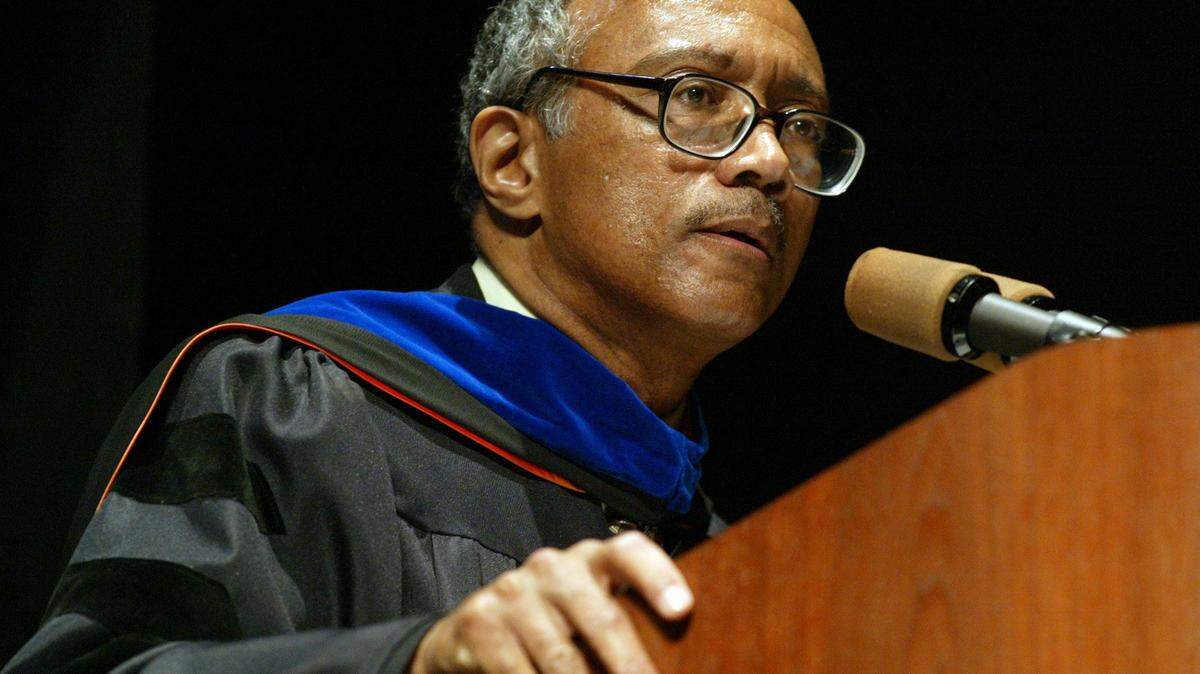 Dr. Maxwell Scarlett speaks at UT Arlington’s College of Sciences graduation ceremony May 15, 2005. Scarlett died July 31, 2021 at 76 years old. He was the university’s first Black graduate.