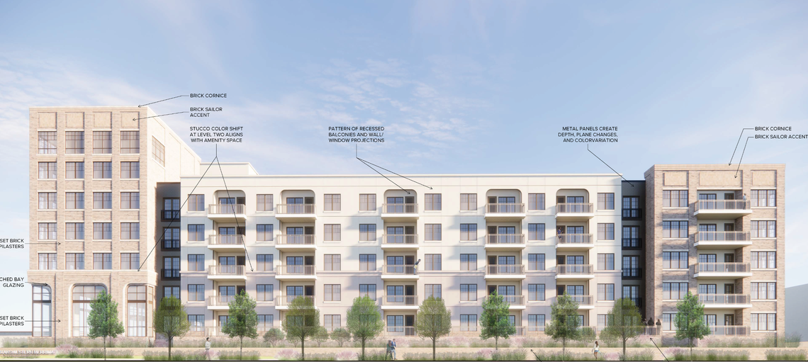 An artist rendering of an apartment building that would be part of the Merrimac mixed-use development along Old University Drive and Trinity River in Fort Worth.