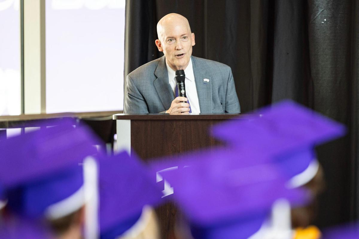 TCU’s 94% retention rate shows students are getting what they want from the university, Boschini says. Here, he speaks at the Athletics Stoling Ceremony in Amon G. Carter Stadium on May 9.