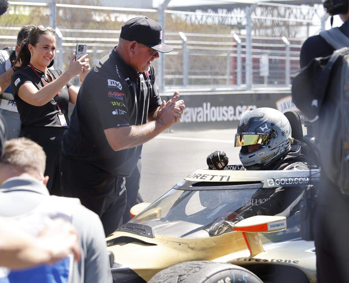 Kyle Kirkwood (27) exits his Andretti Honda after winning the inaugural Java House Grand Prix of Arlington in Arlington, Texas, Sunday, March, 15, 2026.