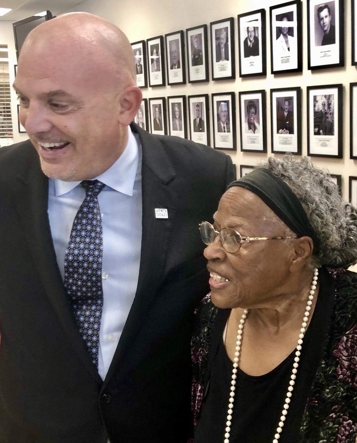 Opal Lee, a graduate of the old I.M. Terrell High School, at the 2019 Fort Worth ISD Wall of Fame ceremony with Superitendent Kent Scribner.