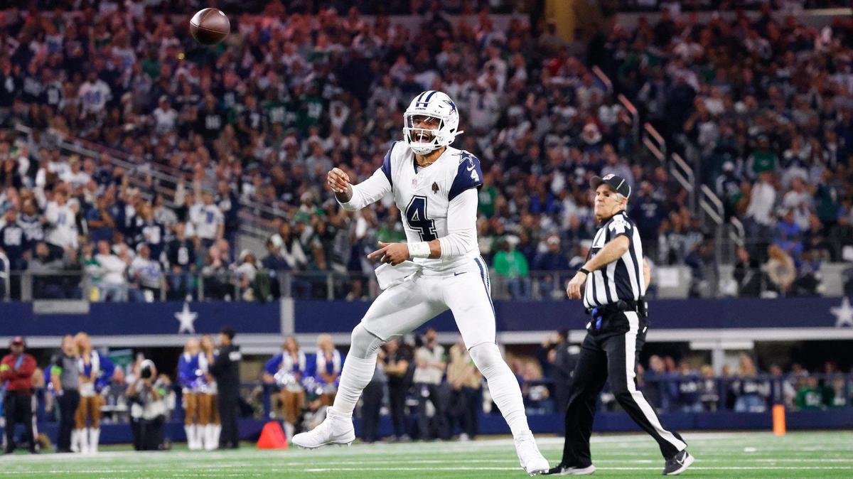 Dallas Cowboys quarterback Dak Prescott throws a touchdown pass to wide receiver CeeDee Lamb in the first quarter against the Philadelphia Eagles on Sunday, December 10, 2023, at AT&T Stadium in Arlington.