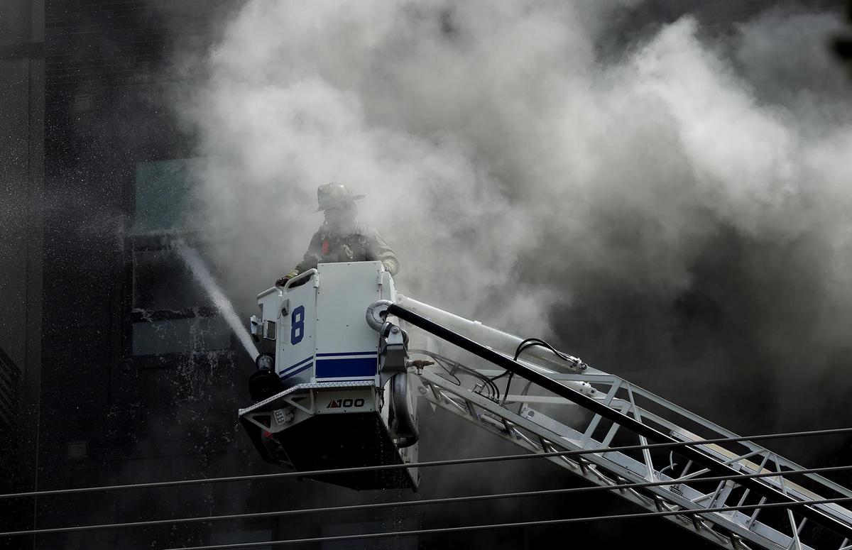 The Fort Worth Fire Department responds to a six-alarm fire at an apartment complex in the 1000 block of West Rosedale on Monday, June 23, 2025.