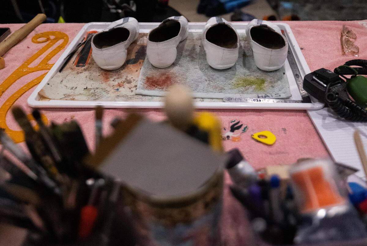 A workstation for creating and repairing shoes for the Cirque de Soleil OVO show on Thursday, Sept. 22, 2022, at Dickies Arena in Fort Worth.