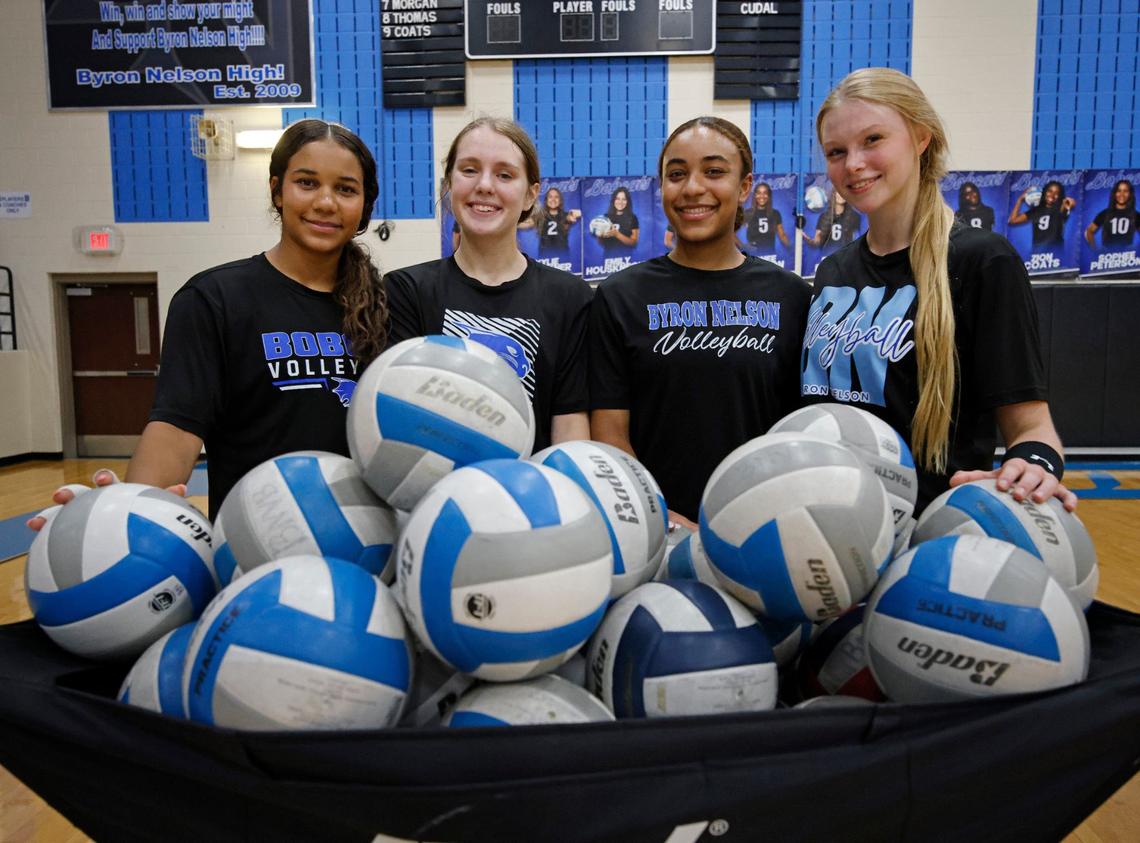 Team captains, Sophie Peterson, Kylie Kleckner, Sydnee Peterson and Ashlyn Seay are photographed during volleyball practice at Byron Nelson High School in Trophy Club Texas, Wednesday, Sept. 25, 2024.