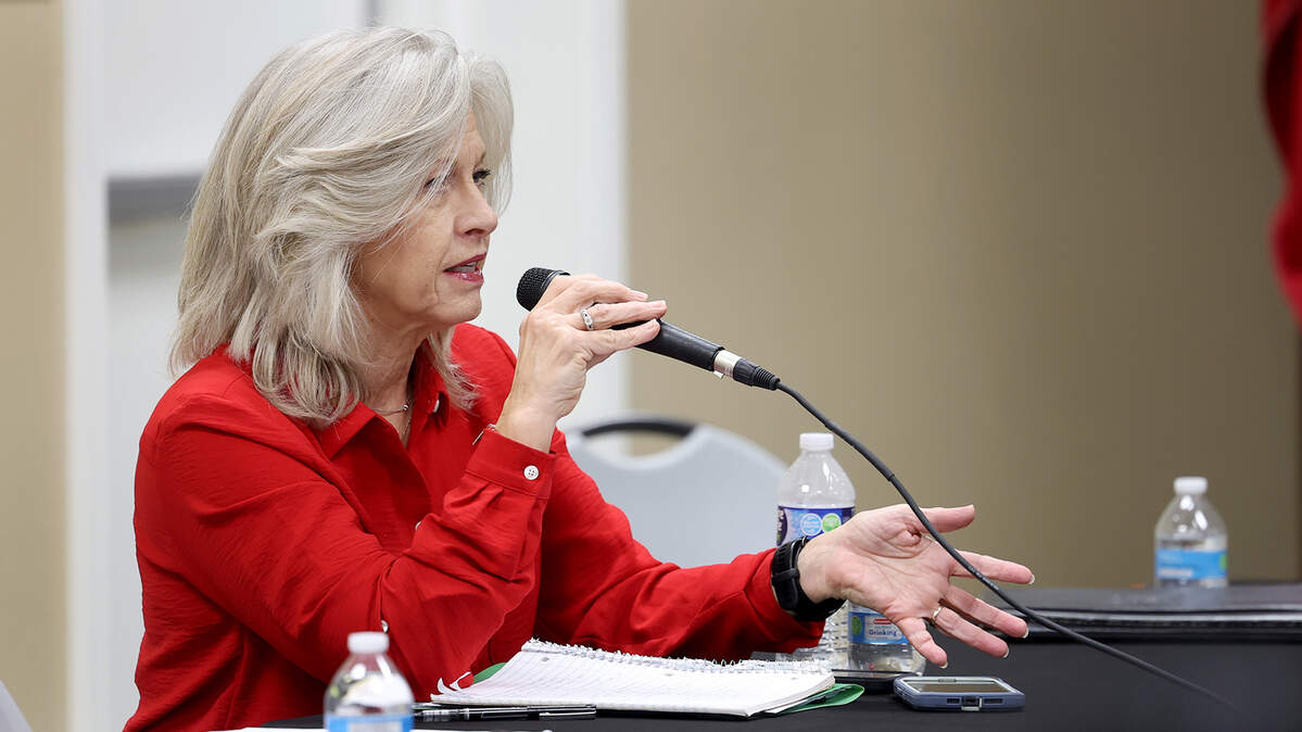 Hood County Commissioner Nannette Samuelson speaks during a town hall for citizens to learn and ask questions concerning proposed data centers on Feb. 18, 2026, in Tolar.