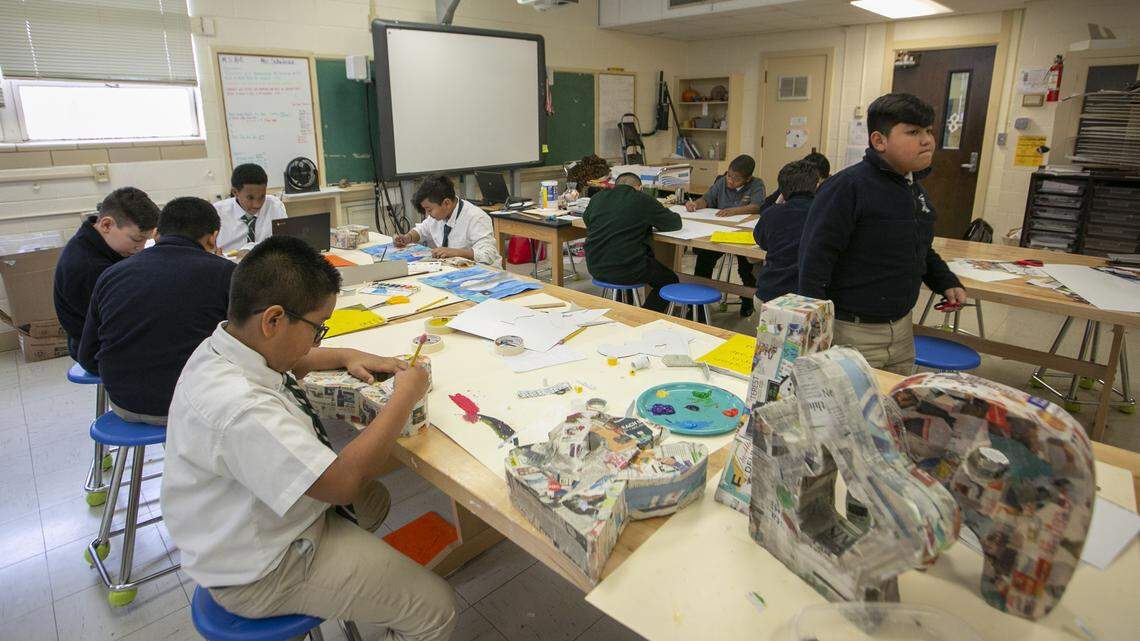 Middle school art students work on their projects at the Paul Laurence Dunbar Young Men’s Leadership Academy which will be enlarged and improved in time for the 2020 school year, Tuesday, January 15, 2019. (FWISD/Rodger Mallison)