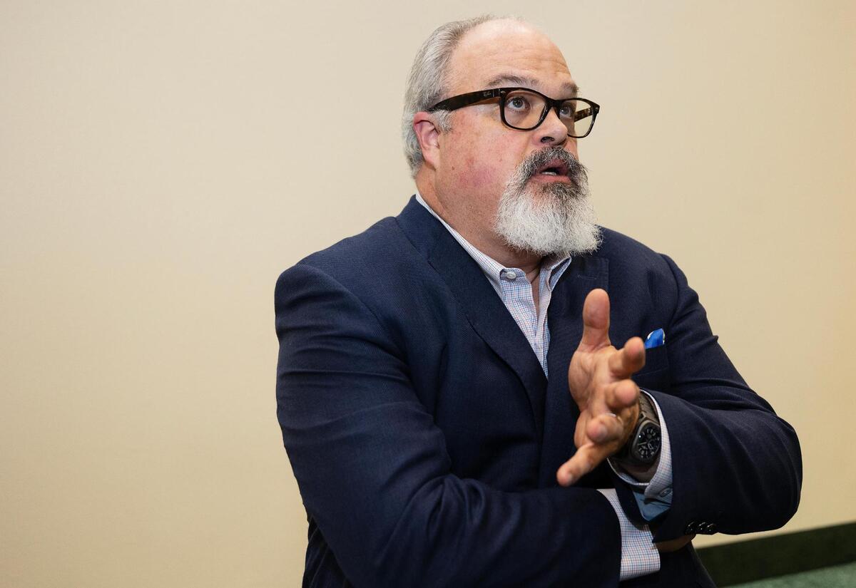 Agriculture and energy lawyer Zach Brady after giving a talk about the Texas Public Utility Commission and ERCOT’s new electric transmission projects on Friday, April 11, 2025, at the Cattle Raisers Expo and Convention in Fort Worth.