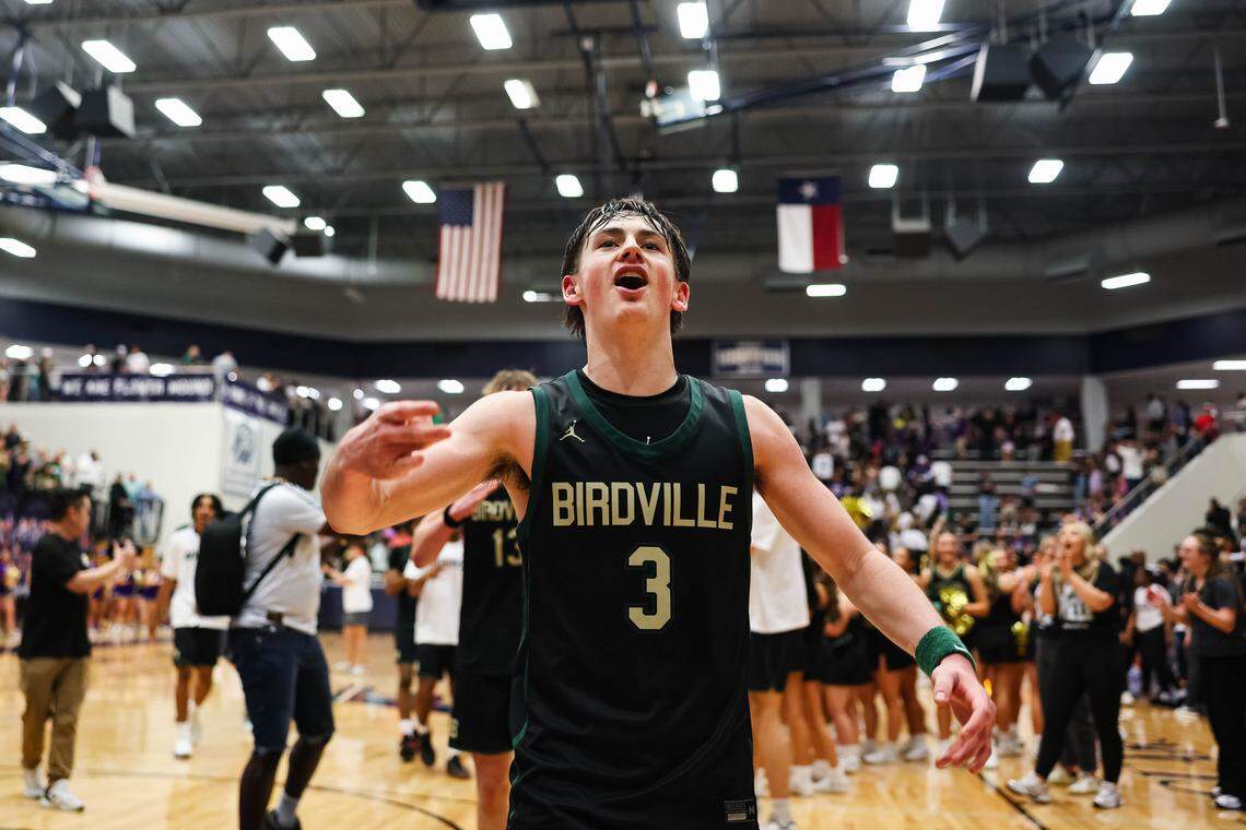 Birdville guard Brandon Lohmann (3) screams in celebration toward the student section after clinching a spot in the state semifinals after a 50-49 UIL Class 5A Division I regional final win against Denton at Flower Mound High School in Flower Mound, Texas, Friday, March 6, 2026.