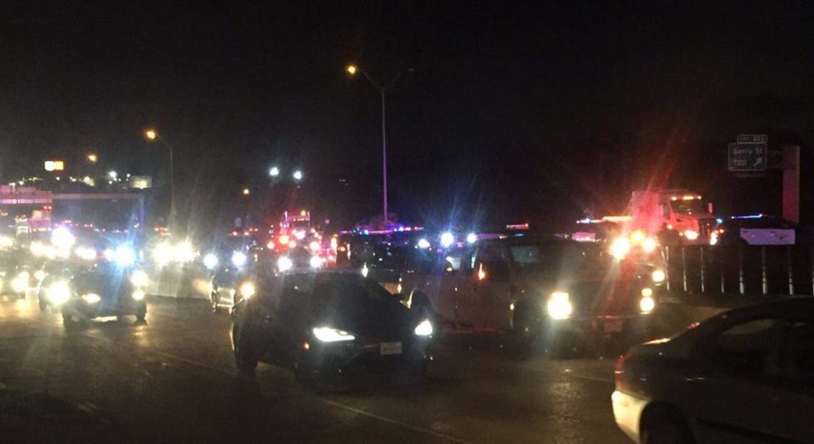 Traffic piles up on Interstate 35W southbound before sunrise Thursday.