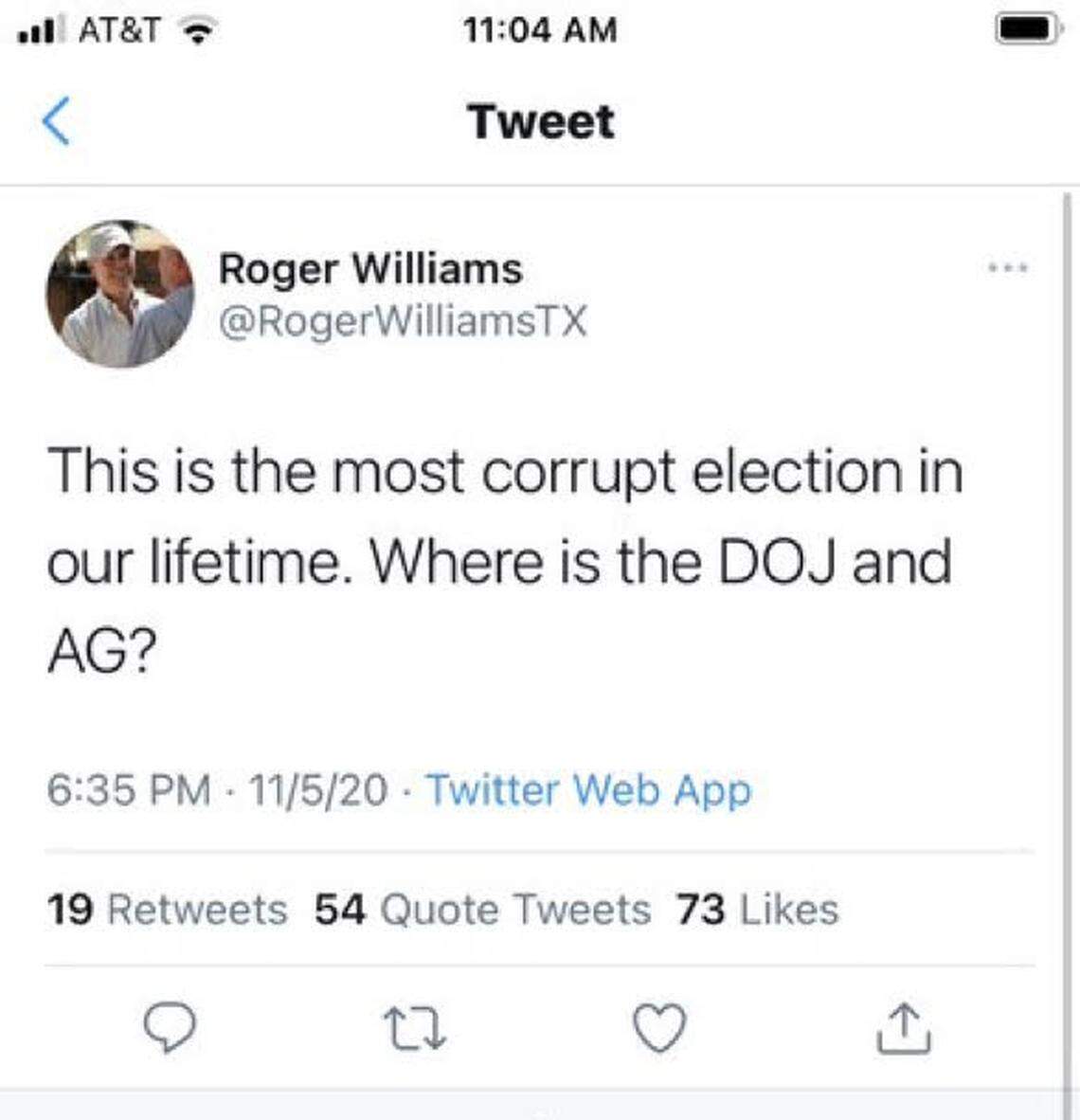 Rep. Roger Williams’ tweet about election fraud. His account was later suspended.